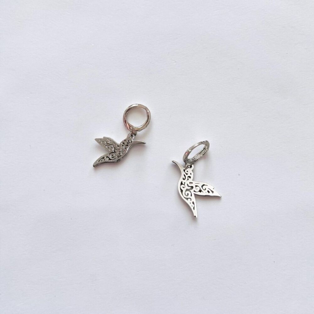 Silver Tone Hummingbird Dangle Earrings Filigree Cutout Bird Nature Boho Jewelry - Picture 4 of 5